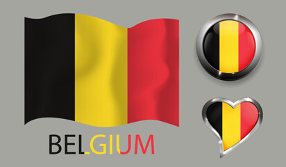  set nation Belgium flag glossy button heart