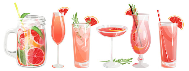A set of grapefruit cocktails.Refreshing drinks, grapefruit juice, lemonade in a jar.Paloma cocktail, grapefruit martini.Vector illustration.