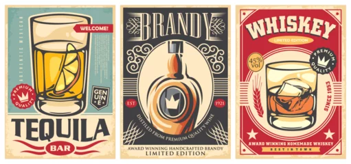 Fototapeten Set of alcohol drinks posters. Whiskey, tequila and brandy retro flyers design. Vector illustrations for pub or cafe bar. © lukeruk