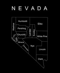 Nevada State vector map silhouette illustration isolated on black background. High detailed illustration. United state of America country. Nevada map with separated county borders.