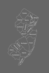 New Jersey map vector silhouette illustration isolated on gray background. High detailed. United state of America country. New Jersey line contour map with separated county borders.