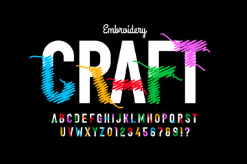 Embroidery craft font design, alphabet letters and numbers vector illustration