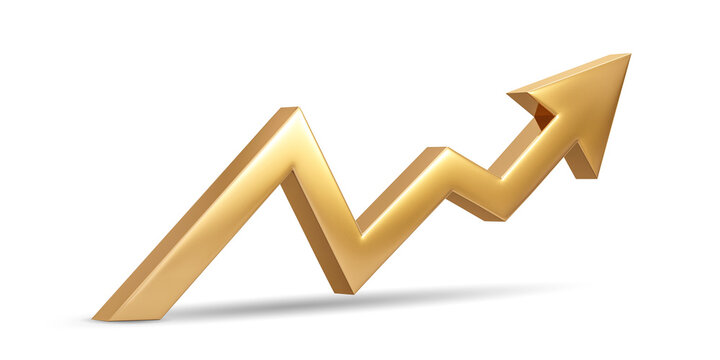 Gold up arrow success isolated on white 3d background with growth direction graph graphic symbol or golden economy stock profit chart icon element and investment financial achievement market target.