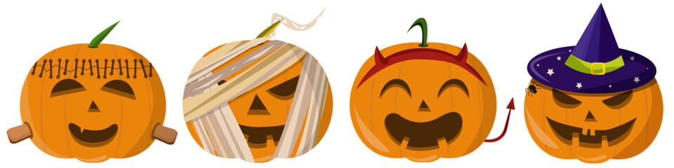 four funny pumpkins in halloween costumes.Mummy, frankenstein, devil and witch
