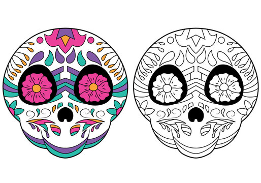 Sugar skull - coloring page. The day of the Dead. Coloring book, design element for poster, card, banner, print.