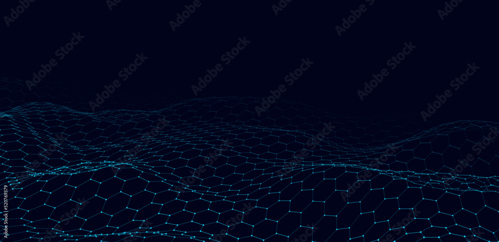 Poster futuristic vector hexagon wave. dark cyberspace. abstract wave with dots and line. white moving part