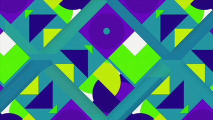 Bright background. Motion. An abstraction consisting of triangles circles and squares that change colors and then come back. They consist of yellow, green, blue and red colors.