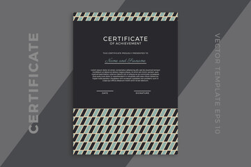 Trendy business diploma mockup for graduation or course completion. Vertical certificate of appreciation dark template with modern minimal geometric pattern. Vector background EPS 10