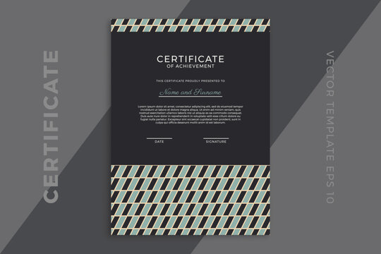 Trendy business diploma mockup for graduation or course completion. Vertical certificate of appreciation dark template with modern minimal geometric pattern. Vector background EPS 10