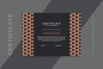 Trendy business diploma mockup for graduation or course completion. Horizontal certificate of appreciation dark template with modern minimal geometric pattern. Vector background EPS 10