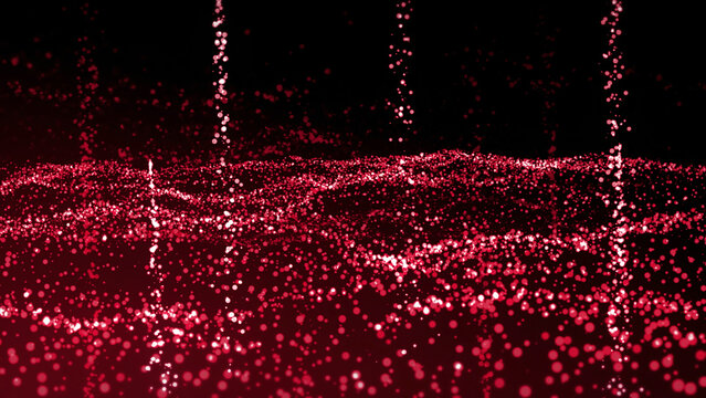 Red and orange background.Motion.Bright little shiny particles fly all over the footage in abstraction.