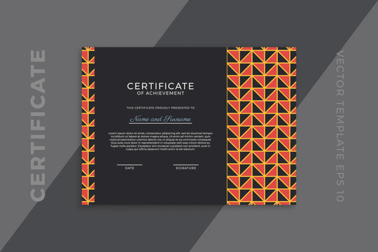 Trendy business diploma mockup for graduation or course completion. Horizontal certificate of appreciation dark template with modern minimal geometric pattern. Vector background EPS 10