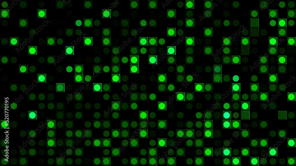 Poster abstract background with animation of flicker and moving retro particles. motion. green blinking par