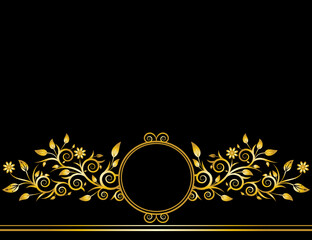 Golden circle floral ornament frame on black color