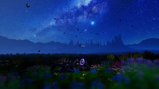 Alien sitting on a flower meadow with butterflies against milky way