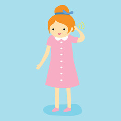 The girl put her hand to her ear and listens