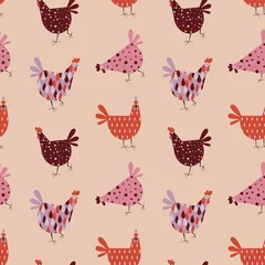 Foto op Aluminium Funny Cartoons Chicken and Hens Seamless Pattern © krugli