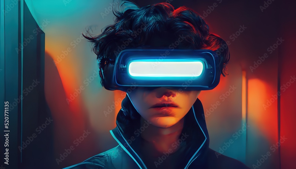 Poster vr and ar technology futuristic concept. man wearing 3d vr headset glasses looks up in cyberspace of