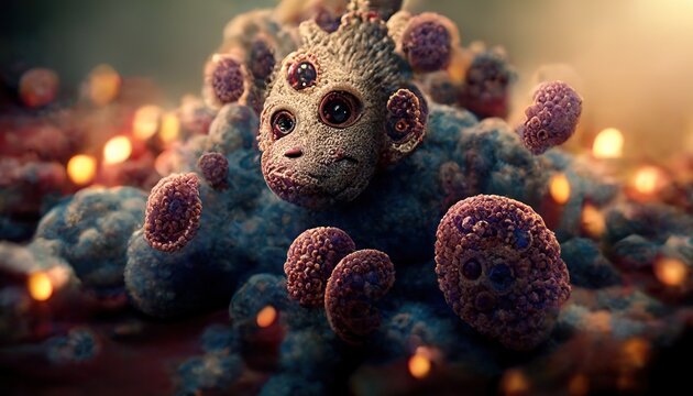 Banner with smallpox virus, silhouette of a monkey in a virus, Pandemic design of a monkey pox virus outbreak with a microscopic background. 3d render