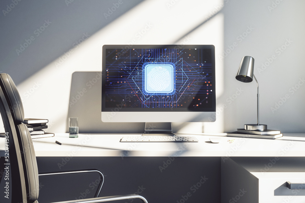 Poster modern computer display with abstract graphic fingerprint sketch, fingerprint scan data concept. 3d 