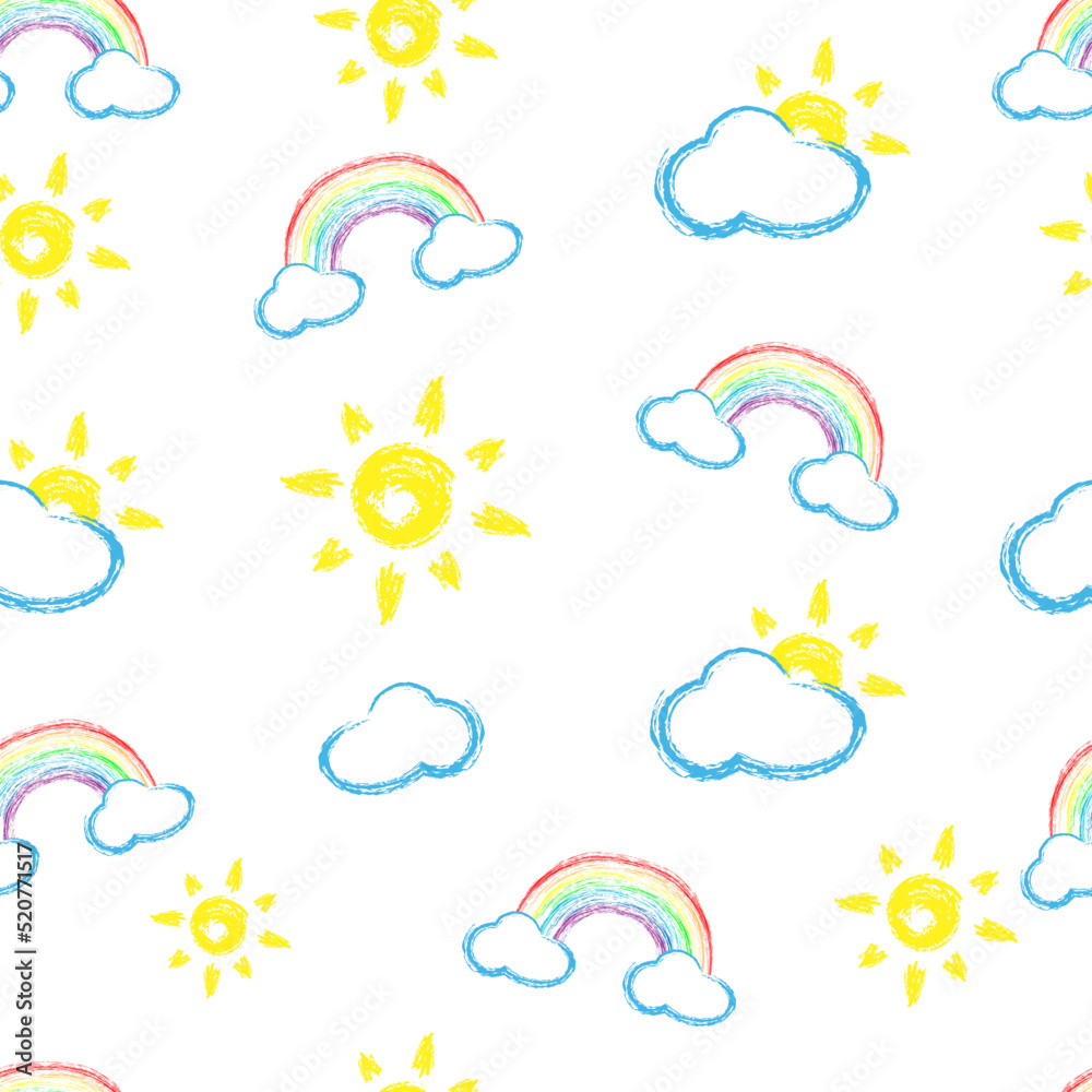 Wall mural seamless pattern with chalk clouds and rainbows. doodle kids pattern with clouds, sun and rainbows. 