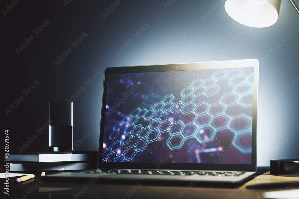 Fototapete modern computer monitor with technology hologram with hexagon. research and development software con