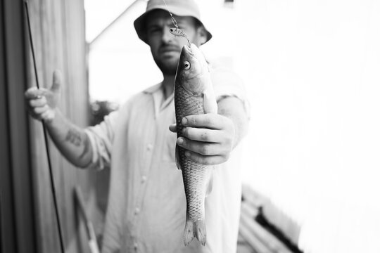 bearded man holds a caught chub fish on a bait