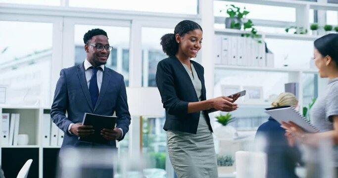 Handshake, meeting and successful managers welcoming, promoting or agreeing with talking corporate colleague. Diverse team of confident professionals walking, collaborating or showing office teamwork