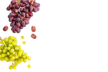 Bunches of grapes berries, top view. Fresh fruits nad berries background