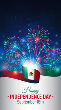 September 16, mexico independence day, vector template with mexican flag and colorful fireworks on blue night sky background. Mexico national holiday september 16th. Independence day card