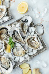 Oysters with wine, lemon, and a shucking knife. Oyster dinner with champagne in restaurant. banner, menu, recipe place for text, top view