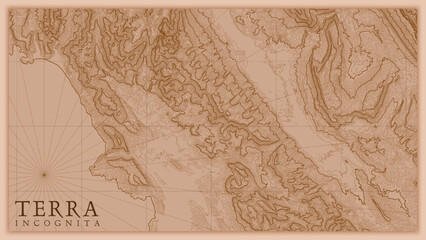 Fototapeta premium Ancient abstract earth relief old map. Generated conceptual vector elevation map of fantasy landscape.
