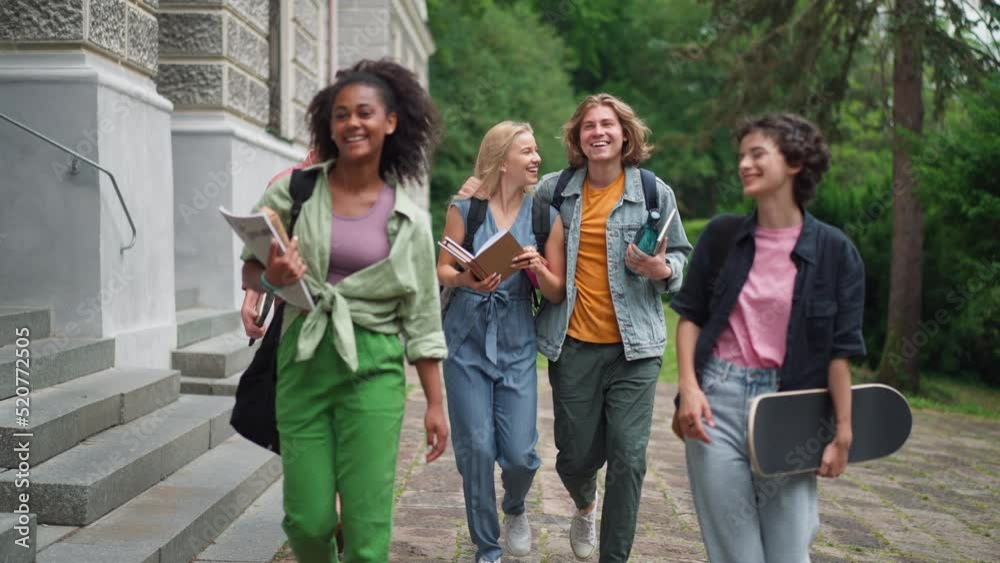 Sticker group of happy teenagers together in front of school, back to school concept.