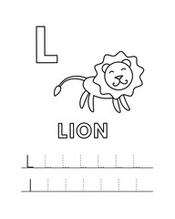 Alphabet with cute cartoon animals isolated on white background. Coloring pages for children education. Vector illustration of lion and tracing practice worksheet letter L