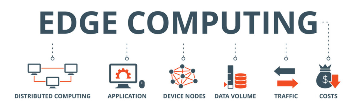 Edge computing banner web icon vector illustration concept with icon of distributed computing, application, device nodes, data volume, traffic and reduce costs