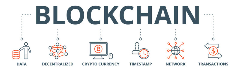 Fototapeta na wymiar Blockchain banner web icon vector illustration concept with icon of data, decentralized, crypto currency, timestamp, network and transactions