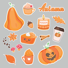 Set of autumn stickers. Cute season pictures: pumpkin, pumpkin pie, latte, candle, leaves, cinnamon, anise, coffee, mushrooms, acorn