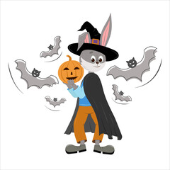 Cute hare holding a pumpkin. Vector rabbit Halloween character. Year of the rabbit, symbol of the year 2023.