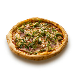 Italian pizza with ham, arugula, olives