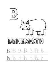 Alphabet with cute cartoon animals isolated on white background. Coloring pages for children education. Vector illustration of behemoth and tracing practice worksheet letter B