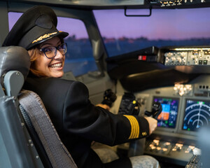 Female pilot on board the aircraft. Caucasian woman in flight simulator. © Михаил Решетников