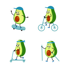 Cartoon Happy avocado on skateboard, nordic walking, cycling, scooter.