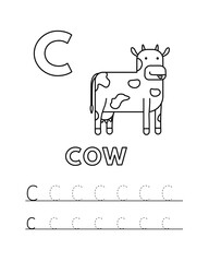 Alphabet with cute cartoon animals isolated on white background. Coloring pages for children education. Vector illustration of cow and tracing practice worksheet letter C