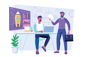 Business making concept with people scene for web. Men discussing tasks in office, brainstorming, develop strategy, launch startup and working together. Vector illustration in flat perspective design
