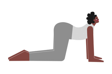 Vector isolated concept with flat female character. Strong african american woman learns posture with backbend Bitilasana at yoga class. Fitness exercise - Cow Pose