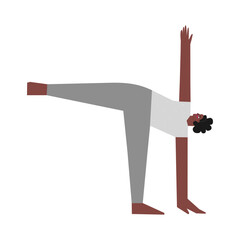 Vector isolated illustration with flat female character. Sportive african american woman learns Balancing posture Ardha Chandrasana at yoga class. Fitness exercise - Half Moon Pose