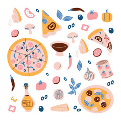 Seamless pattern with hand drawn vector a pizza on white background. Pizza doodles food background