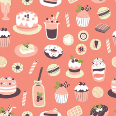 Vector seamless pattern with different sweets. Vector doodle illustration.
