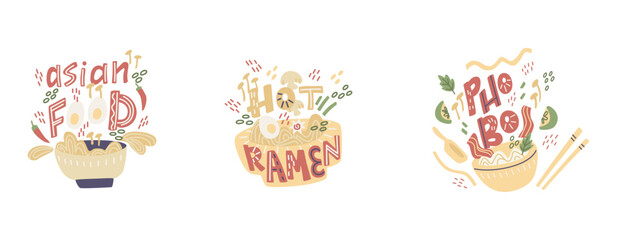 Hand drawn ramen noodle in bowl and soup. Vector lettering illustration.
