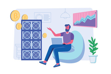 Cryptocurrency mining concept with people scene for web. Man creates crypto farm and analyzes exchanges, mines bitcoins and sells on marketplaces. Vector illustration in flat perspective design